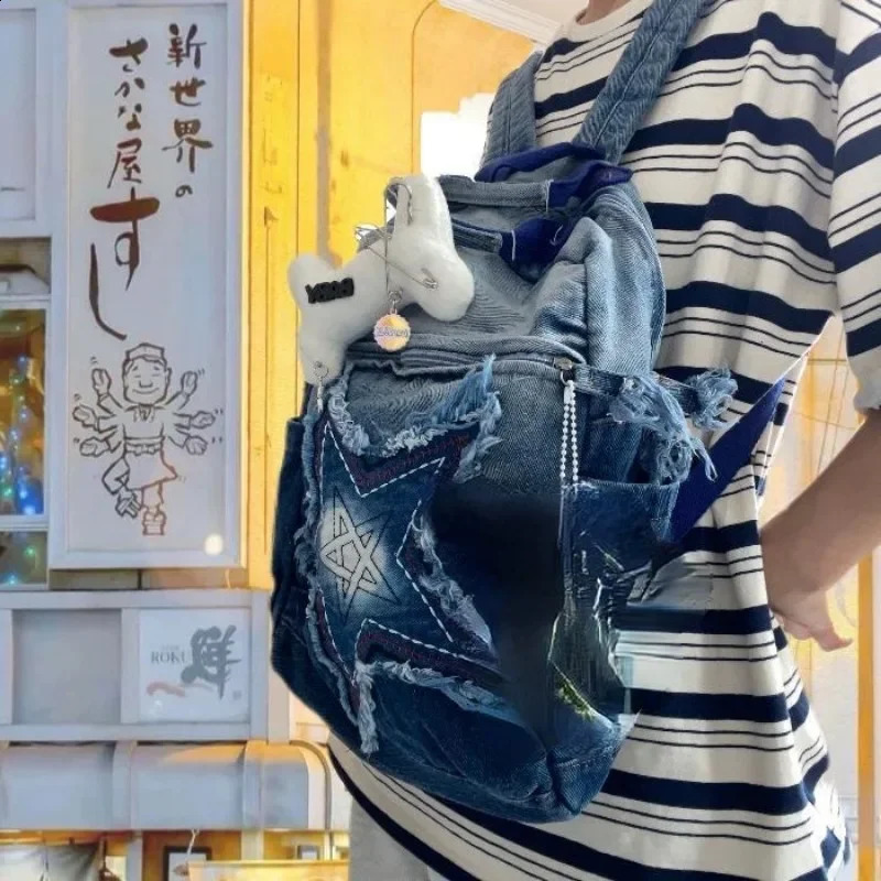Fashion Five Star Canvas Backpacks Women Trendy Y2K School Bag Men Gradient Denim Blue Rucksack Bolsa Mujer 240806