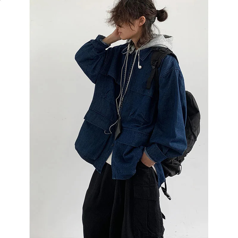 Hooded Denim Jacket Men Women Vintage Detachable Cap Cargo Coat Japanese Oversize Loose Casual Top Spring Couple Unisex Overcoat 240810