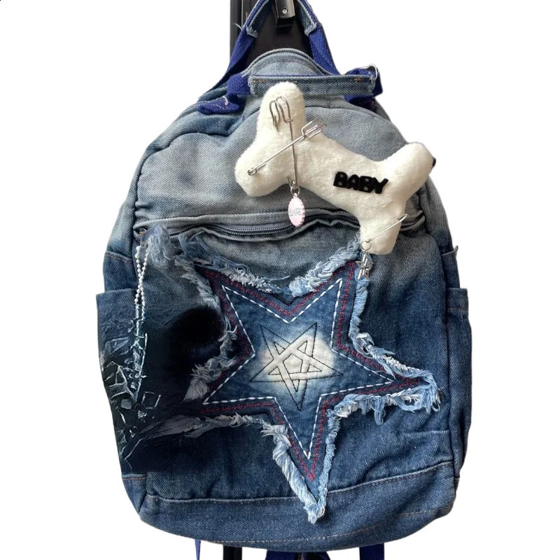 Fashion Five Star Canvas Backpacks Women Trendy Y2K School Bag Men Gradient Denim Blue Rucksack Bolsa Mujer 240806