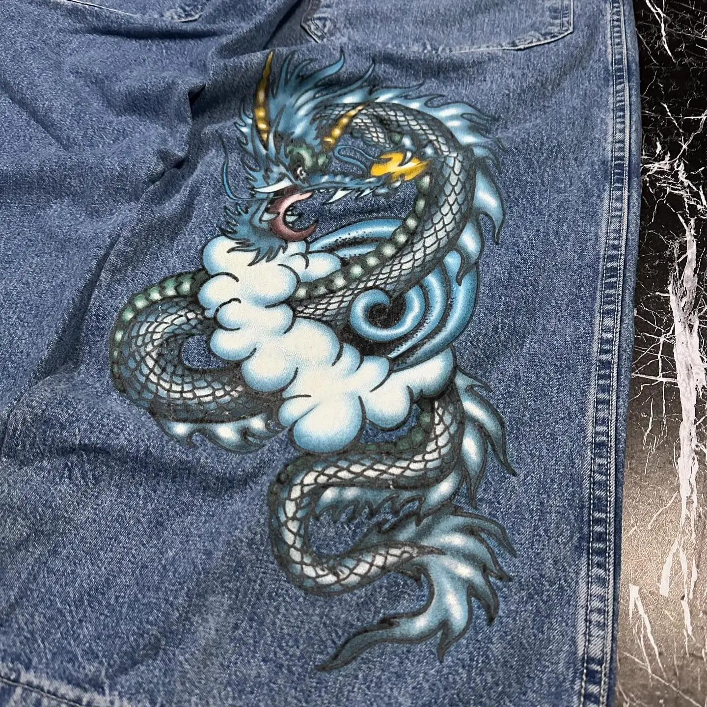 Retro Hip-Hop Dragon JNCO Light Blue Loose Jeans Womens Y2K Harajuku Gothic High Waist Wide Pants for Street Wear in 1990s 240809