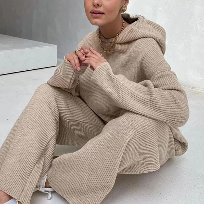 Knitted Sweat Suits Women Matching Tracksuit Sets Hoodies And Wide Leg Pants Loungewear Sweater Set Two Piece Outfits 240822