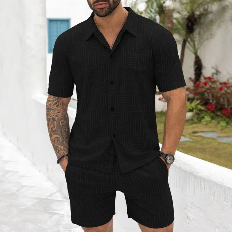 Explosion crossover comer jacquard button lapel polo shirt casual set240810
