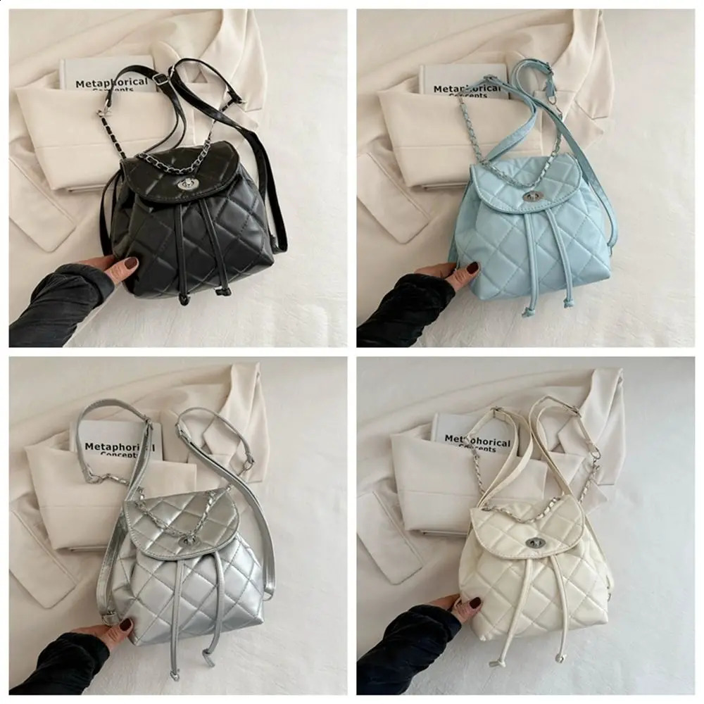 Cute Small Backpack Large Capacity Pu Leather Rhombic Lattice Chain Shoulder Bag School Bag Korean Style Pu Bucket Bag Outdoor 250318