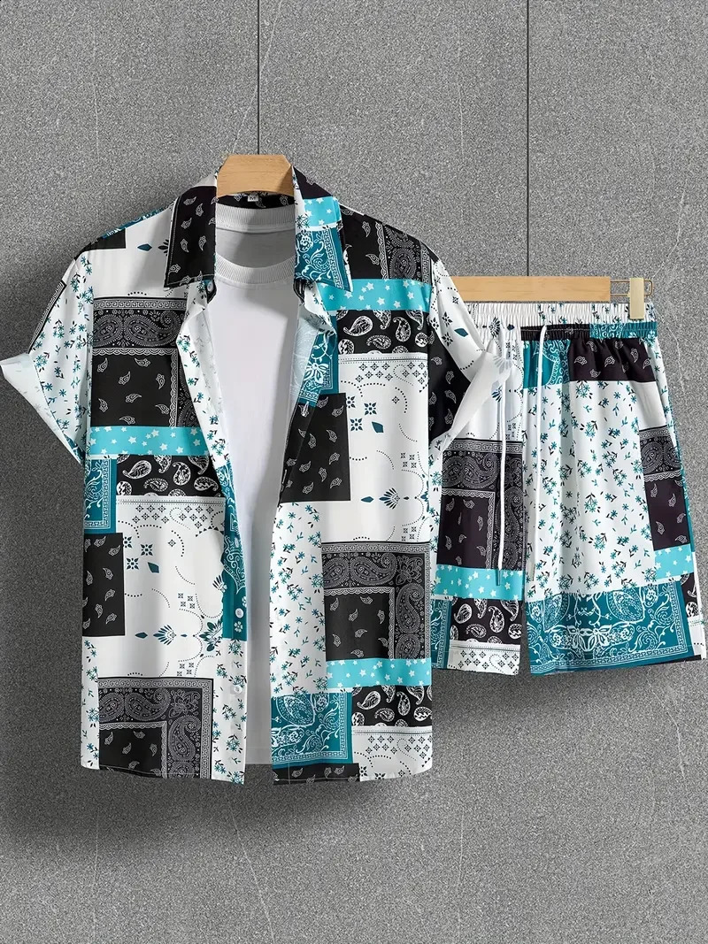 Shirt Set Mens Summer Patchwork Color Block Paisley Pattern 3D Printed And Shorts Retro Ethnic Style Hawaiian 240810