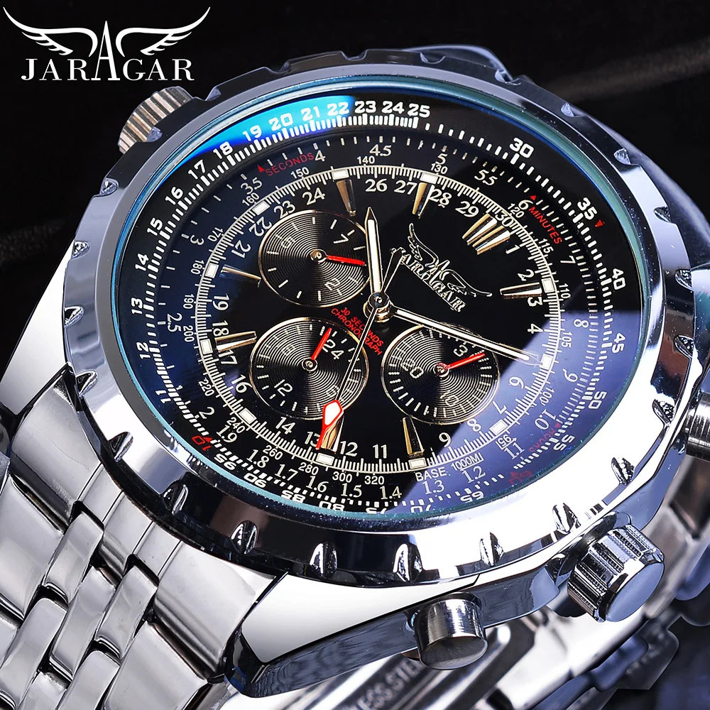 Jaragar Blue Glass Black Silver Automatic Watch Stainless Steel Date Clock Luminous Men Business Mechanical Wristwatch 240808
