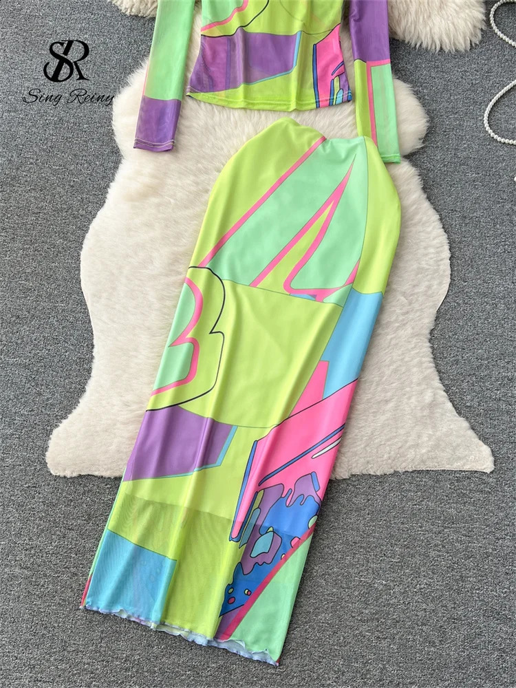 SINGREENY Womens Painting Mesh Set Long Sleeve TopHigh Waist Tight Clothing Fashion Street Retro Two Piece 240810