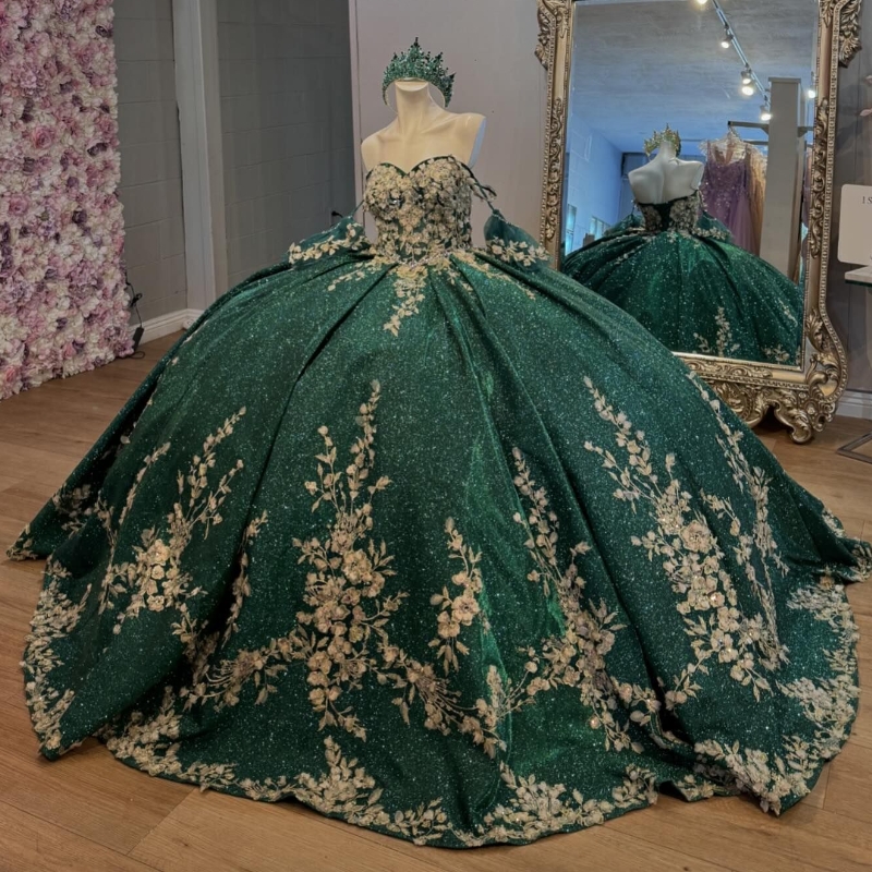 Emerald Green Quinceanera Dresses For 16 Girl Off the Shoulder Gold Applique Lace Beads Crystal Princess Ball Gown 15th Birthday Prom Dress