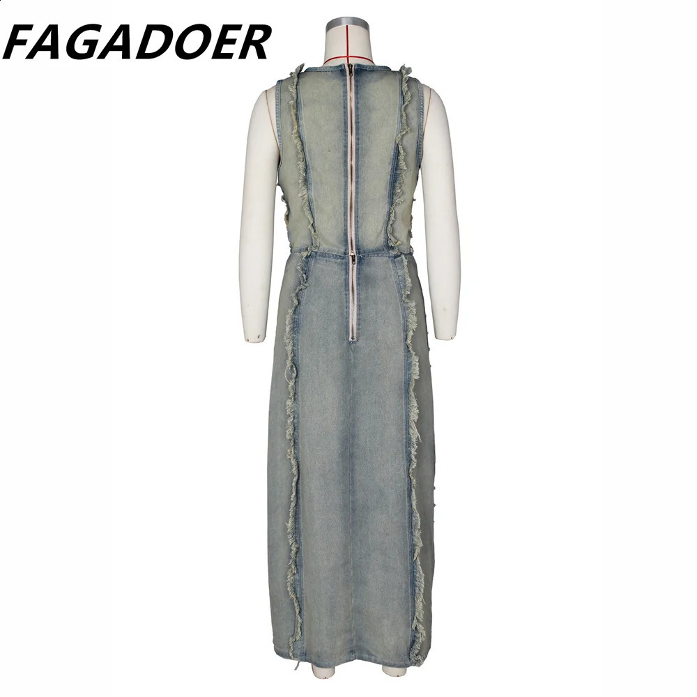 FAGADOER Fashion Streetwear Womens Denim Hollow Sleeveless Crop Top and Side Seam Skiing Two Piece Set Sexy 240810