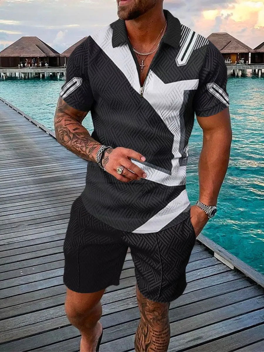 Hawaii Tracksuit 2pcs sets 3D print Zipper Polo Shirt Short Sleeve Shirt and Shorts Casual Fashion Zip-Up Man 2PCS clothing 250409
