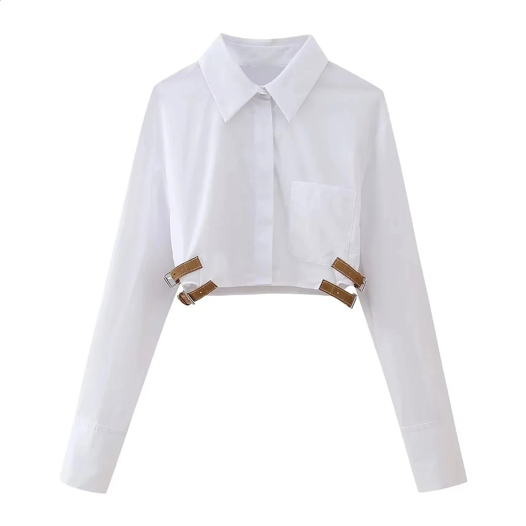 Traf belt cut shirt womens button white fashionable collar long sleeved top 240810