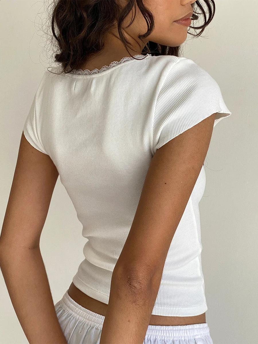 y2k Vintage Tee Cottage Lace Trim Knitted T-Shirt Summer Square Neck Short Sleeve Tee Shirt Women White Milkmaid Crop Top 240810
