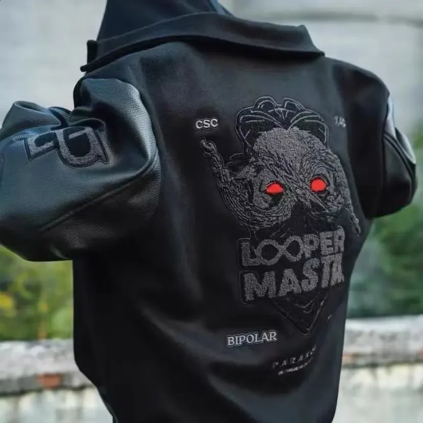 Mens Baseball Uniform Spring Autumn Y2K Retro Trend Leather Jacket Heavy Industry Embroidery Black Short Coats Ins 240810