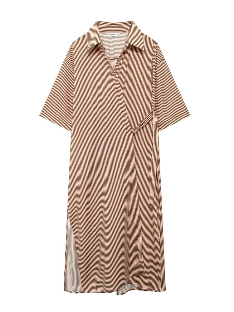 TRAF 2024 Women Striped Kimono Laced Up Blouse Pant Sets Fashion Lapel Short Sleeve Long Shirt Wide Leg Causal Suits 240810