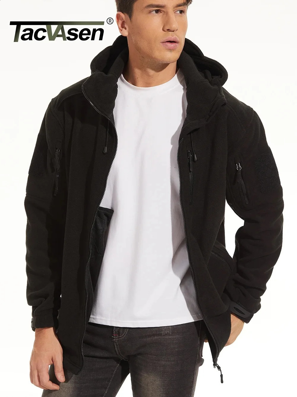 TACVASEN Spring Winter Fleece Jacket With Hoodie Mens Hooded Fleece Jacket Full-Zip Up Outdoor Windproof Hooded Warm Work Coat 240809