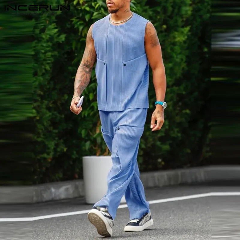 INCERUN American Fashion Mens Set Knitted Pit Strip ONeck Tank Top Casual Comfort Two Piece S2XL 240816