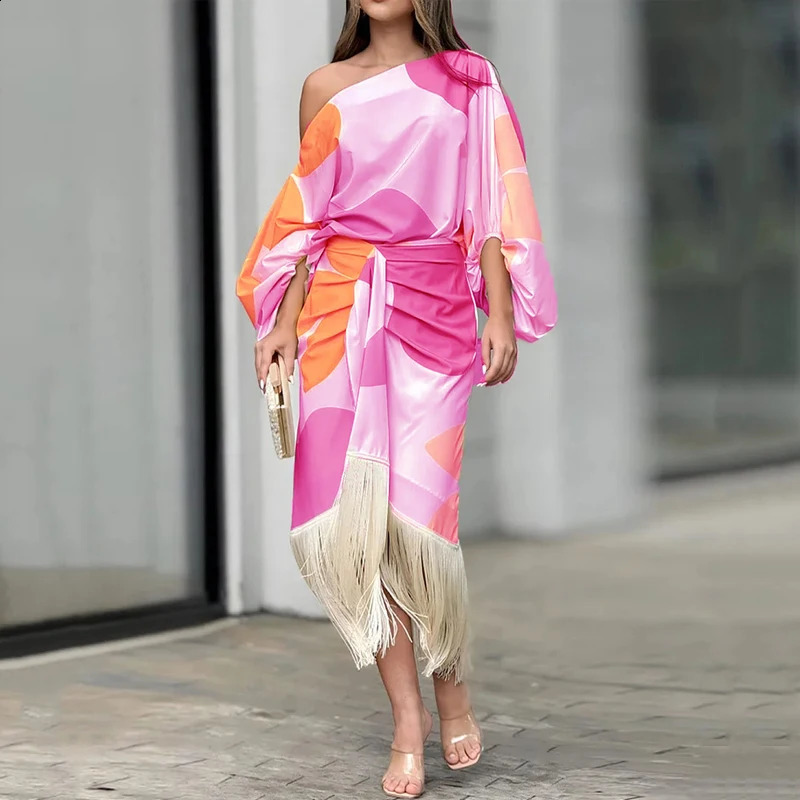 Wefads Womens twopiece Fashion Shoulder Printed Lantern Set Irregular Pulling Top Folded Tassel Ski 240810