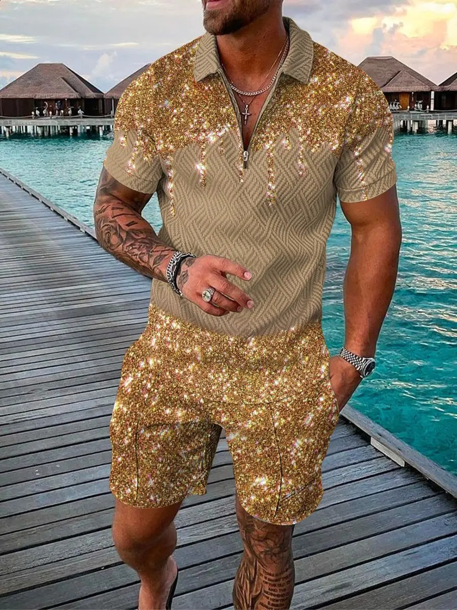 Hawaii Tracksuit 2pcs sets 3D print Zipper Polo Shirt Short Sleeve Shirt and Shorts Casual Fashion Zip-Up Man 2PCS clothing 250409