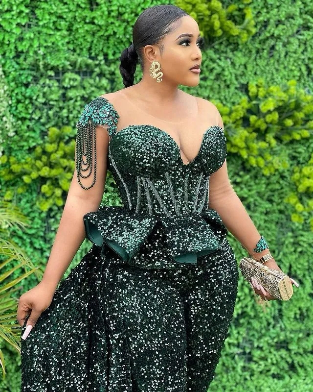 Green Aso Ebi One-shoulder Sequins Beaded Jumpsuit Prom Dresses Formal Party Second Reception Birthday Engagement Evening Gowns Dresses Robe De Soiree