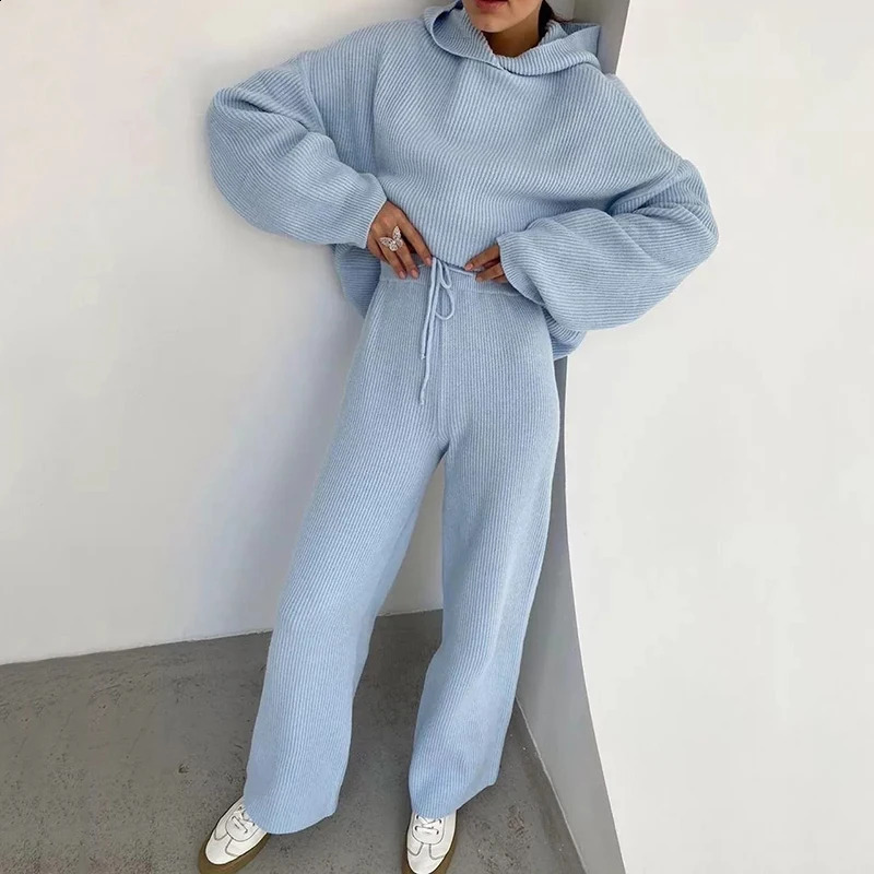 Knitted Sweat Suits Women Matching Tracksuit Sets Hoodies And Wide Leg Pants Loungewear Sweater Set Two Piece Outfits 240822