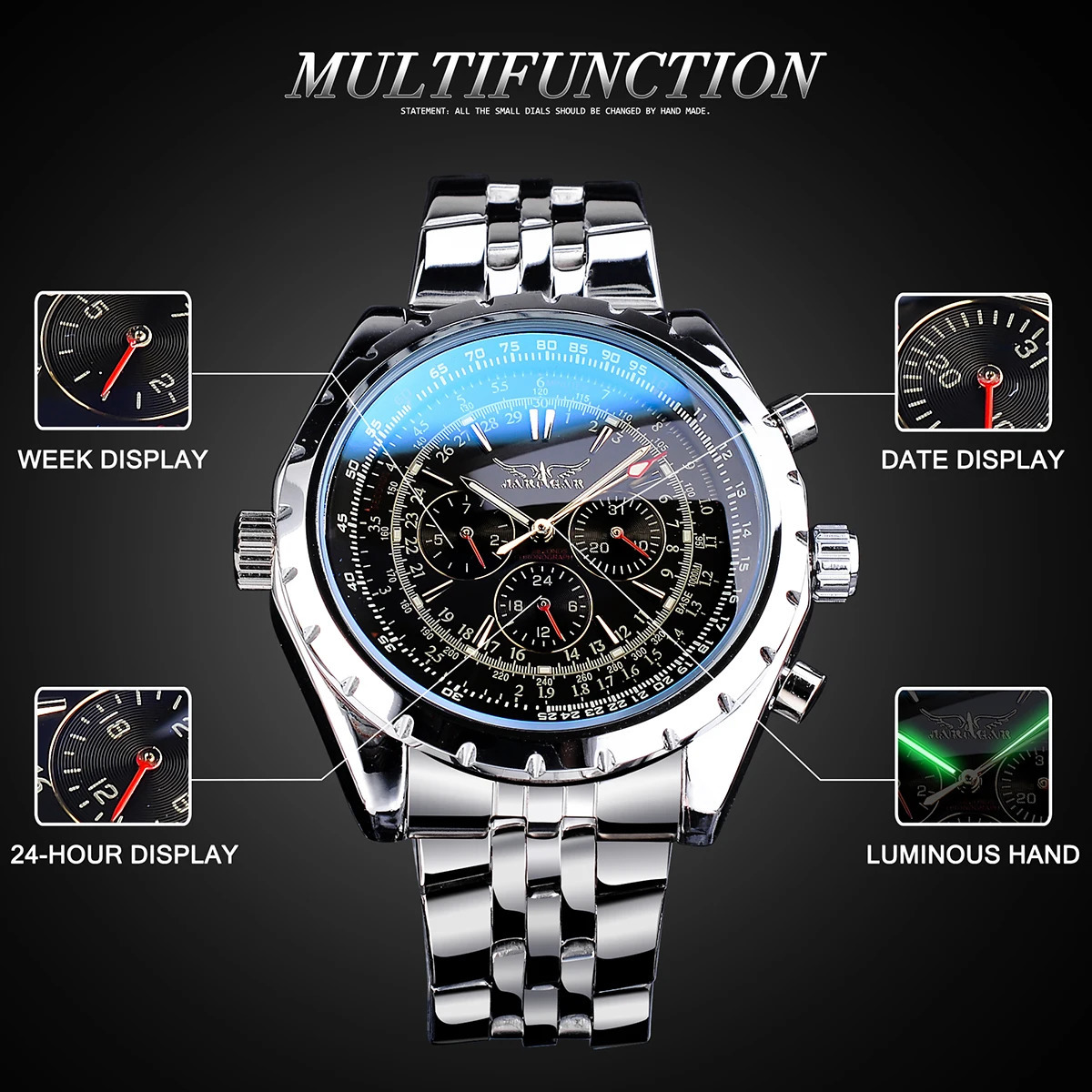 Jaragar Blue Glass Black Silver Automatic Watch Stainless Steel Date Clock Luminous Men Business Mechanical Wristwatch 240808
