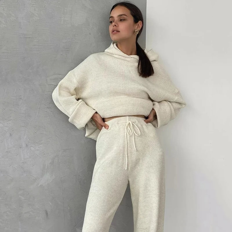 Knitted Sweat Suits Women Matching Tracksuit Sets Hoodies And Wide Leg Pants Loungewear Sweater Set Two Piece Outfits 240822
