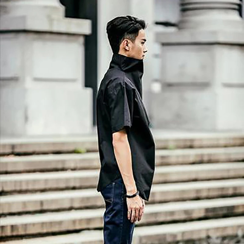 Summer High Neck Short Sleeve Men Sweatshirt Korean Fashion Casual Personality Harajuku T Shirt 3xl Oversized Hip Hop Streetwear 240810
