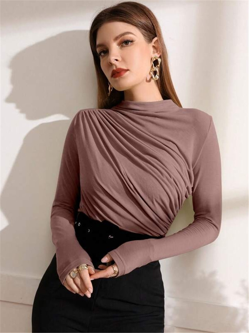 Autumn and Winter Small High Neck Design Pleated Versatile Long Sleeved T-shirt Top