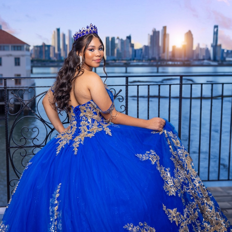 Blue Shiny Quinceanera Dress Ball Gown Off The Shoulder Applique Lace Beading Crystal Tull Sweet 16 Vestidos De 15 Anos