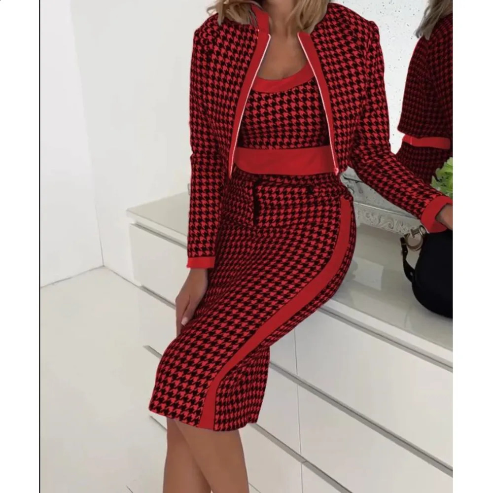 Office Ladies Elegant 3-Piece Jacket T-shirt and Pencil Skirt Set Fashion Hound Stone Printed Womens Wedding Party Set240810