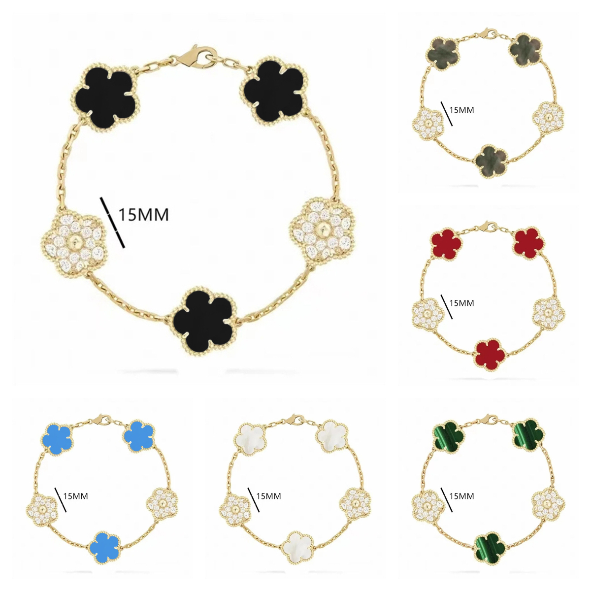 Luxury diamond bracelet jewlery designer for women 5 flower clover bracelet 18k gold stainless steel jewelry agate onyx charm bracelet jewelry fo