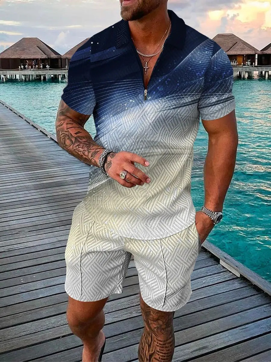 Hawaii Tracksuit 2pcs sets 3D print Zipper Polo Shirt Short Sleeve Shirt and Shorts Casual Fashion Zip-Up Man 2PCS clothing 250409