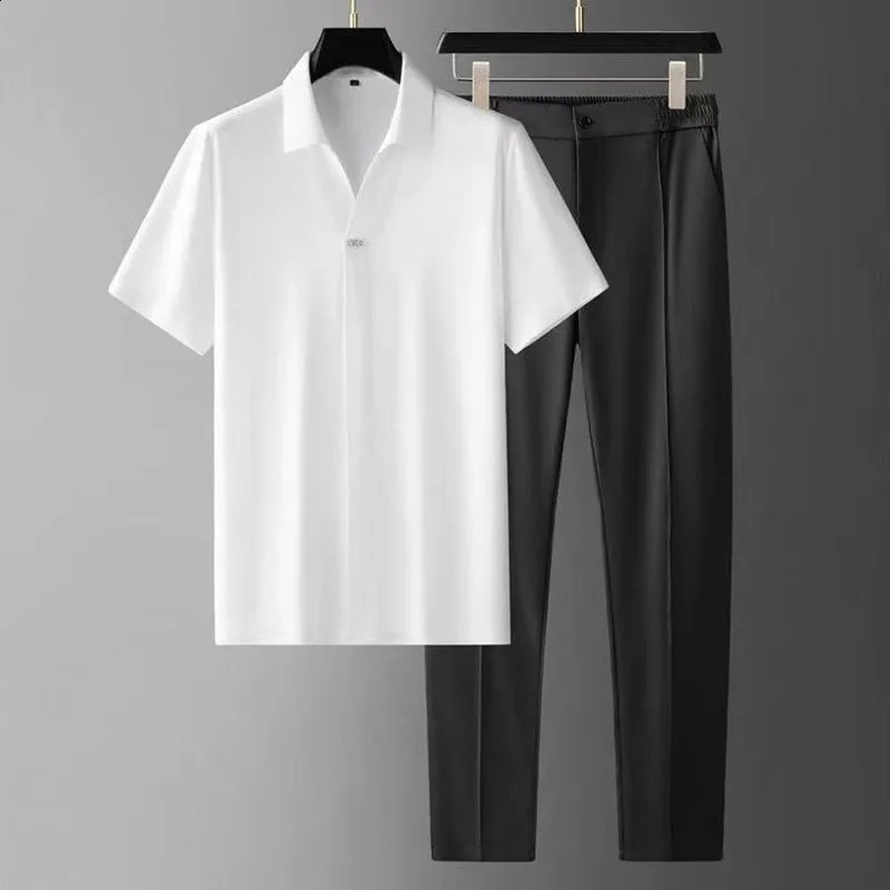 Summer Solid Color Silk Short Sleeve Shirt Set for Mens Casual Relaxing Comfortable Breathable Two Piece 240810