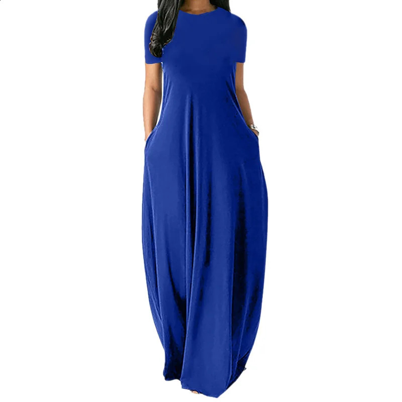 Women Oversize Casual Solid O-Neck Pockets Long Dress Summer Dress Female Plus Size Short Sleeve High Waist Maxi Dresses 240810