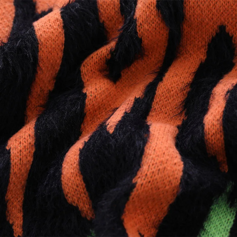 Harajuku Retro Green Orange Knitted Sweater Mens Street Oversized Crossover Pulling Thick Sweater Grandpa Ugly Sweater Womens240810