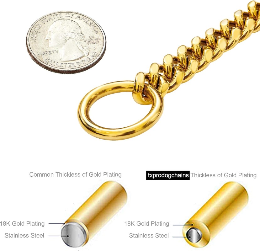 18K Gold Chain Dog Collar 10MM Cuban Link Chain Stainless Steel Metal Links Walking Training Collar 10in to 32in