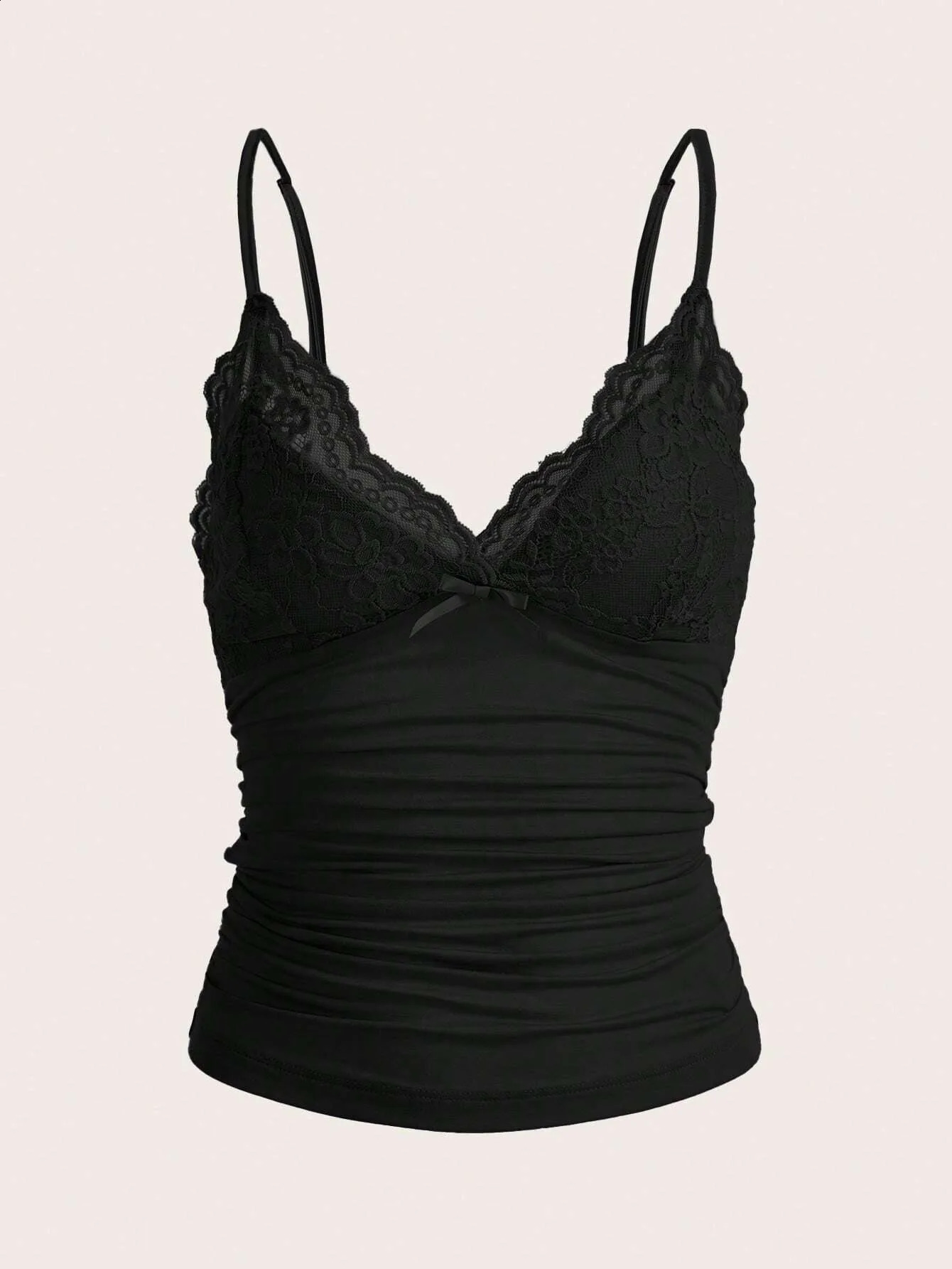 Sexy Black Contrast Lace Bow Front Crop Cami Top Women Summer Grunge Punk Y2K Clothes Ruched Skinny Backless Tee Shirt 240810