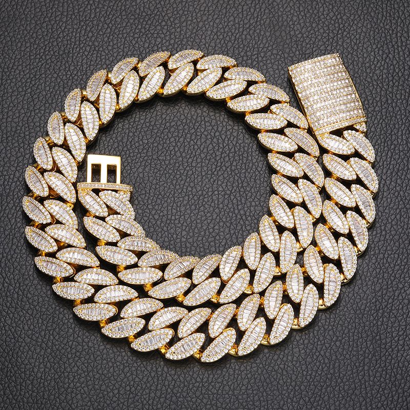 Cuban Link Chain Necklace for Men Micro Inlaied 3 Row T Square Bling Diamond Chains 20MM Wide Iced Out Necklaces Designer Prong Rock Hip Hop 18K Gold 