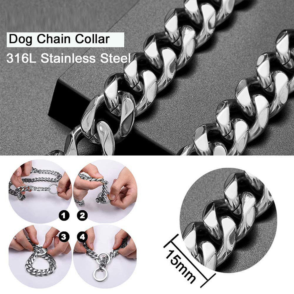 Chain Dog Collar Walking Chain Cuban Link Dog Collar 316L Stainless Steel Metal 15mm Heavy Duty Slip Collar for Small Dogs(15MM, 20")