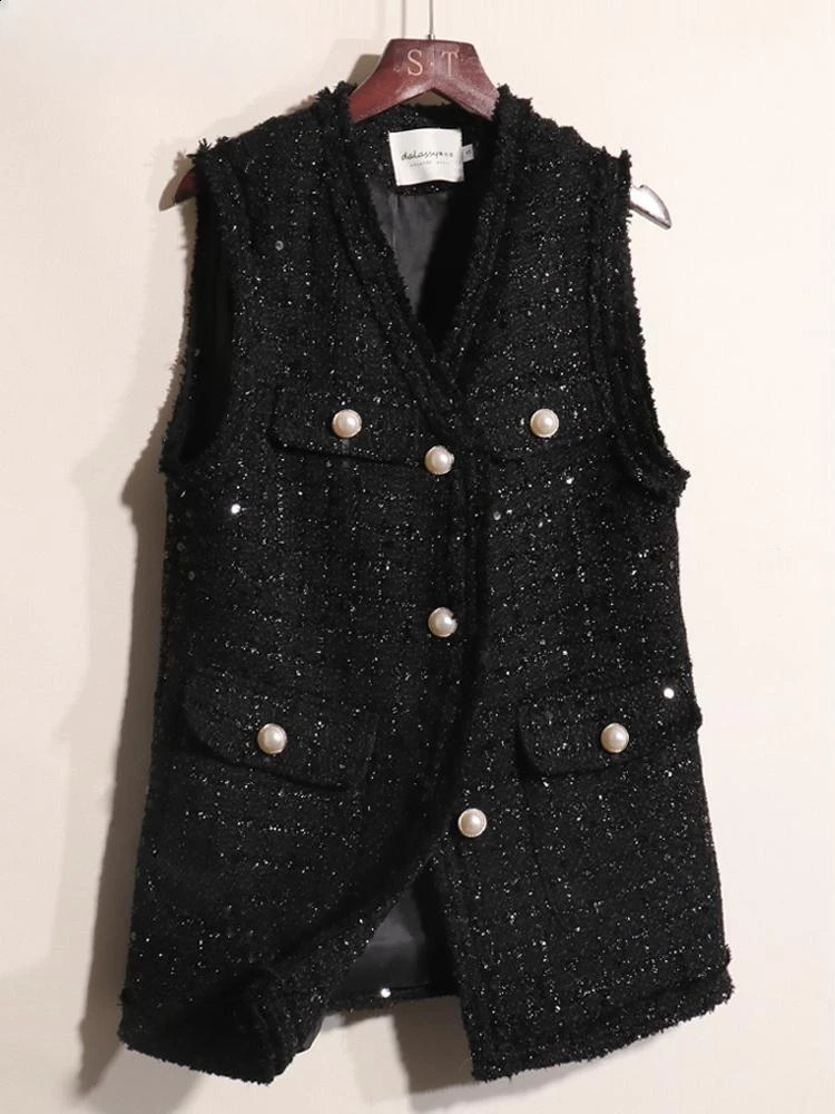 Womens Spring Autumn Loose Casual Waistcoat Female Sequined Tweed Vest Coats Ladies V-neck Sleeveless Jackets W748 240810