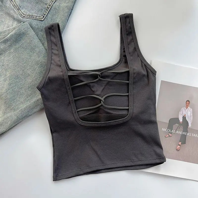 Casual Sleeveless Crop Top with Pad Summer Women Backless Bra Corset Top Fashion Square Neck Solid Color Elegant Fashion Tank 240810