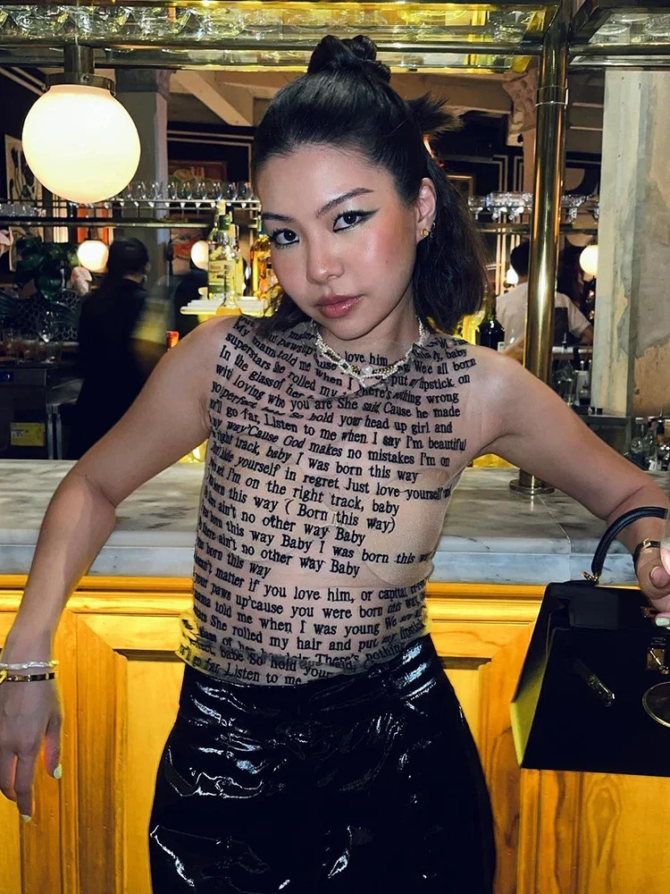 Tossy Sleeveless Printed Slim Top High Waist Patchwork Vintage Figures Print T-shirt For Women Sexy See-Through y2k top 240810