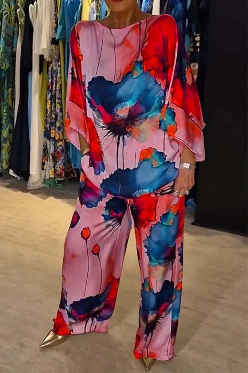 Summer Women Casual Satin Print Two Piece Set Fashion Round Neck Bat Sleeve Floral Pant Sets Elegant Female Vacation Outfit y240824