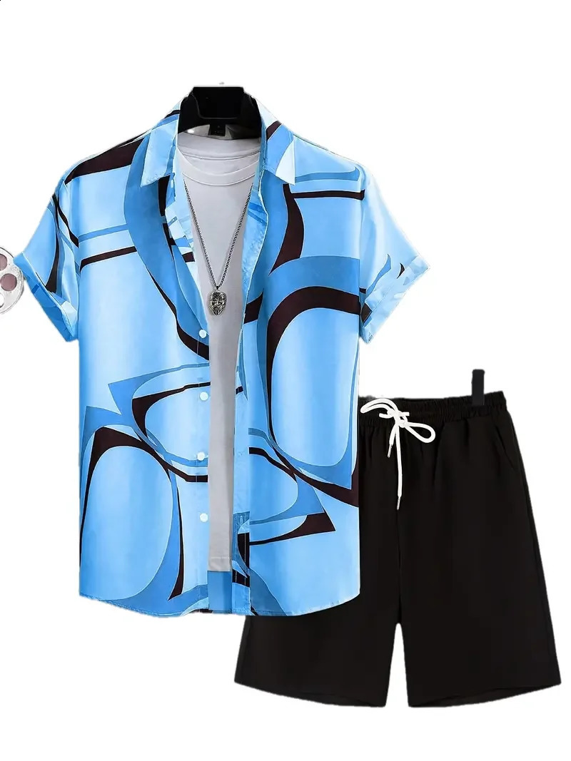 Mens Stylish Hawaiian Shirt Set Simple Allinone 3D Printed Buttondown And Beach Shorts Street Wear Oversize 240810
