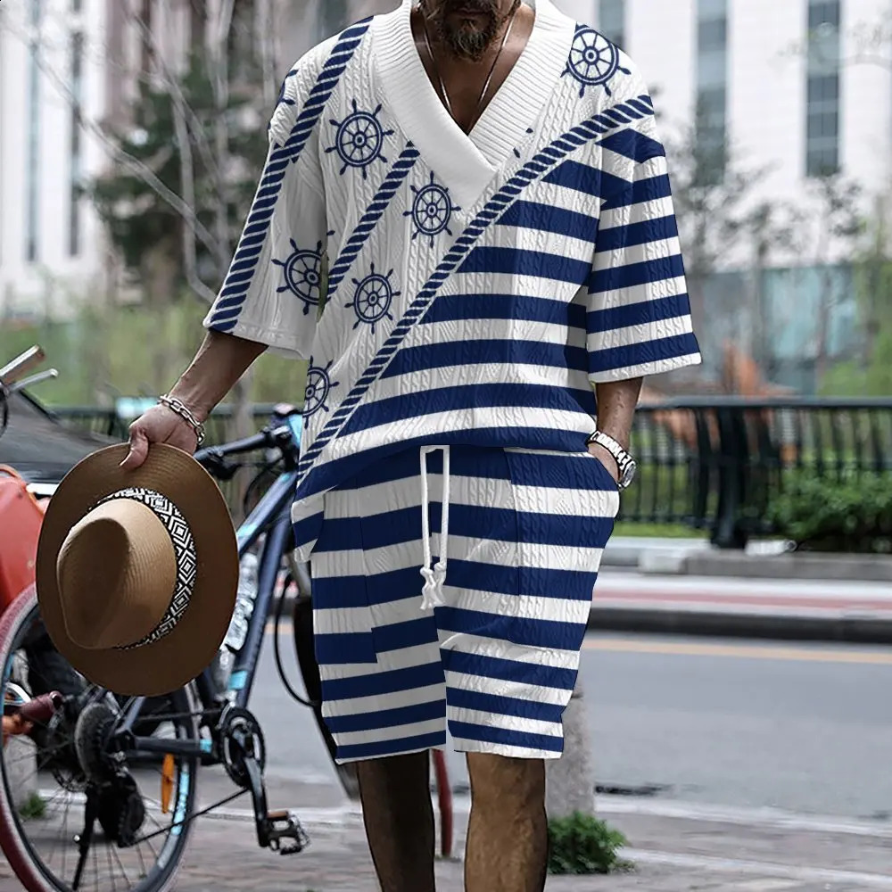 2024 Summer Mens Set Loose Casual Sports Suit High-quality Jacquard V-neck Short-sleeved Shorts Two-piece Mens Clothing 240810