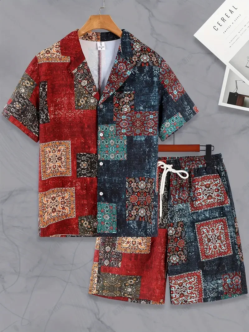 Shirt Set Mens Summer Patchwork Color Block Paisley Pattern 3D Printed And Shorts Retro Ethnic Style Hawaiian 240810