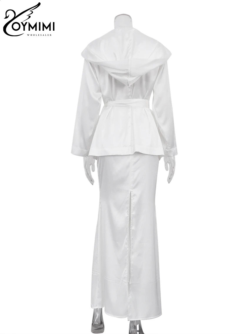 Oymimi Fashion White Satin 2piece Womens Elegant Hooded Collar Long Sleeve Lace TopUltra Thin Straight Skirt Set 240810