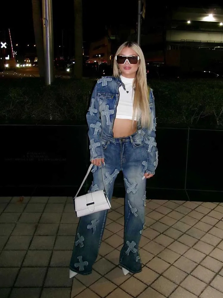 Elegant womens pants set winter long sleeved jacket and straight Trouser casual 2piece denim dress 240810