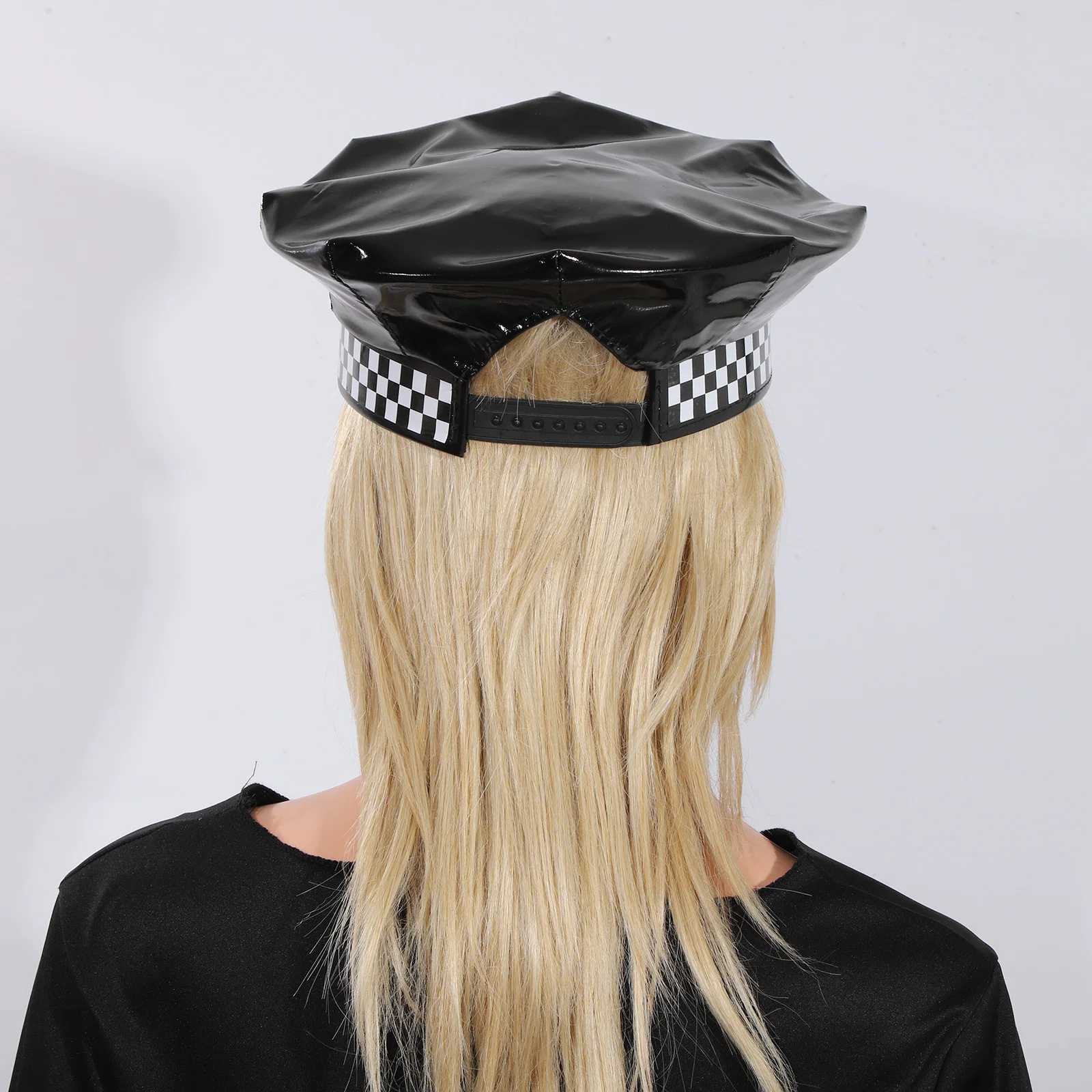 Adult Police Cap Cop Uniform Props Police Officer Hat Badge Checkerboard Adjustable Cop Hat Halloween Cosplay Costumes Accessory Y240810