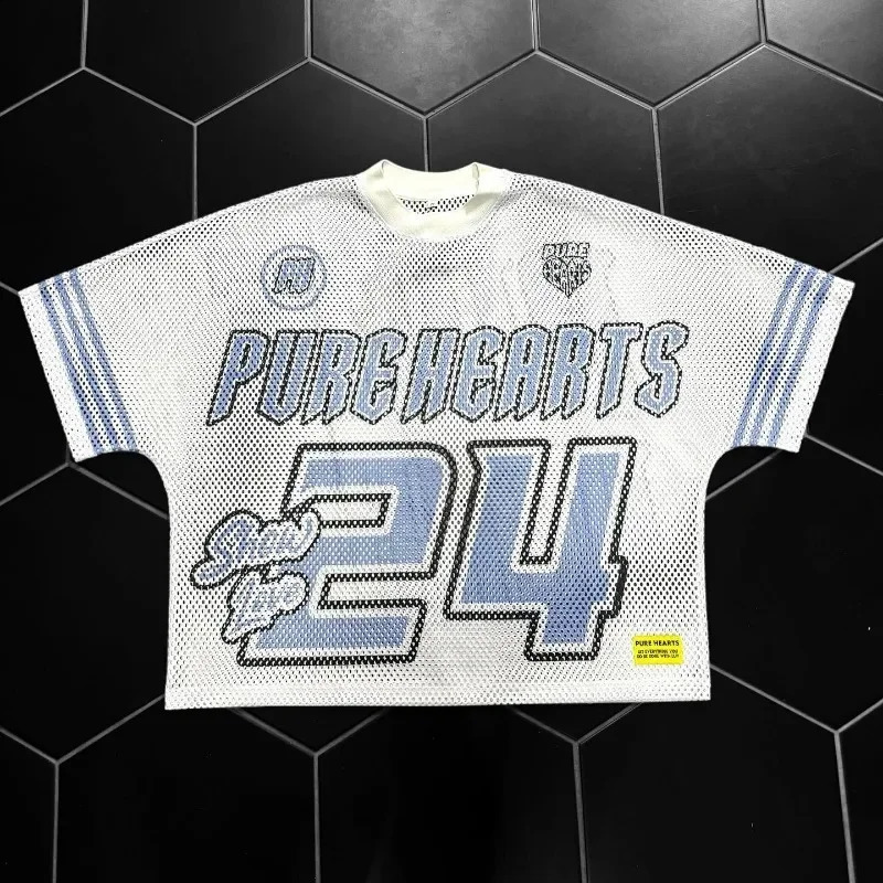 Y2K Tshirt American Fashion Breathable Splicing Bag Football Shirt Street Clothing Casual Neutral Short Sleeve Top 240822