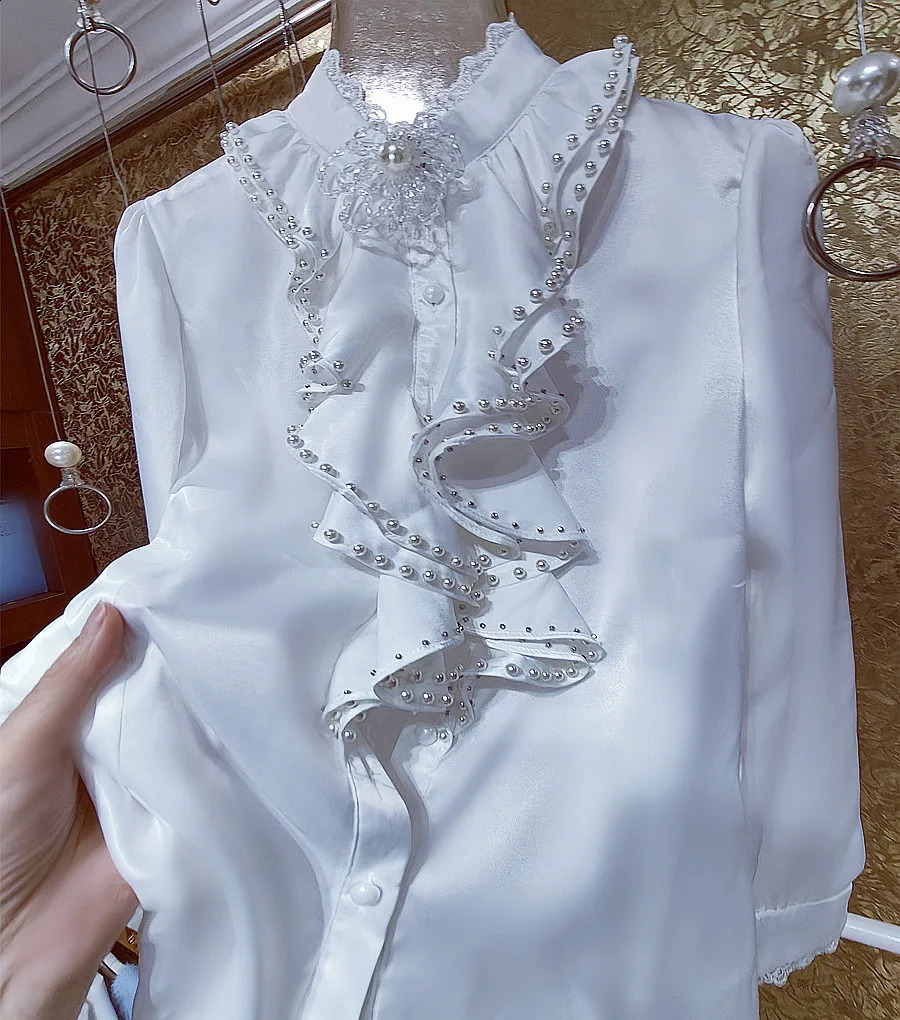 Camisas De Mujer Womens Beaded Ruffle Shirt and Spring Long Sleeve Single Chest White Top Blue 240810 - view 6